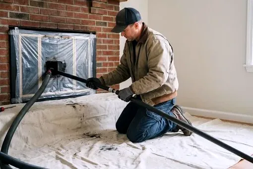 Clean chimney sweep inside a Bexley living room with floors covered